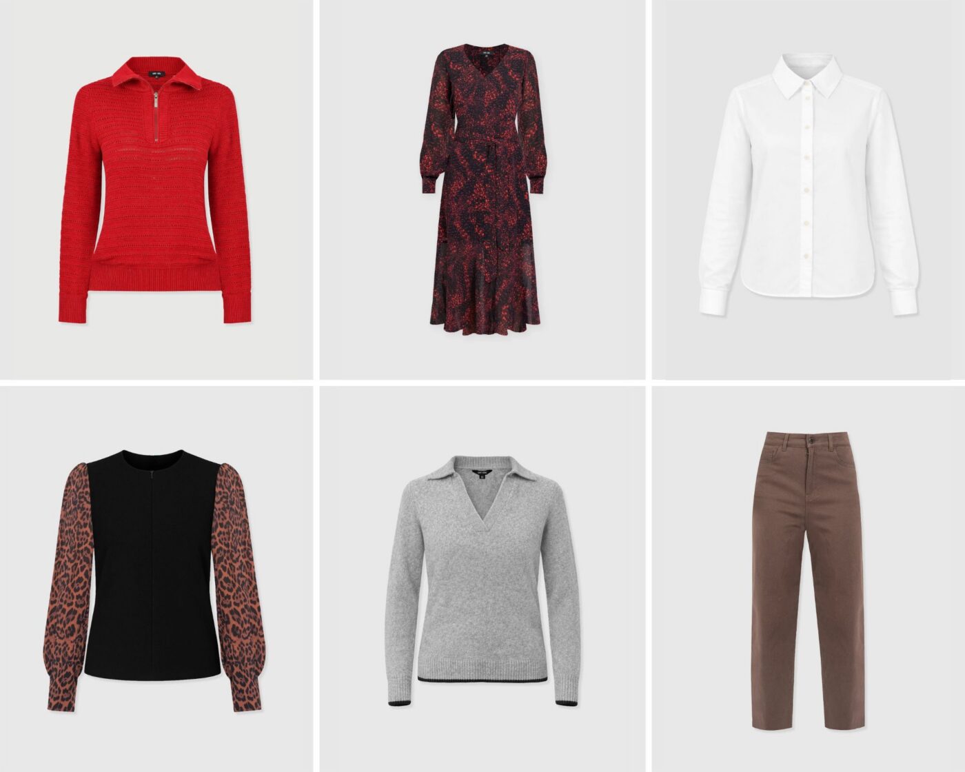 A collage of six pieces from the Saint and Sofia February Collection. In the top left, a red quarter zip knitted jumper with a chunky rib finish, in the top middle, a red and black floral midi dress with a v-neckline and long sleeves, in the top right a white button-up shirt made from oxford cotton poplin, in the bottom left, a black blouse with an adjustable zipped neckline and leopard print bishop sleeves, in the bottom middle, a grey cashmere jumper with an open polo neckline, and in the bottom right, a pair of brown barrel leg jeans.