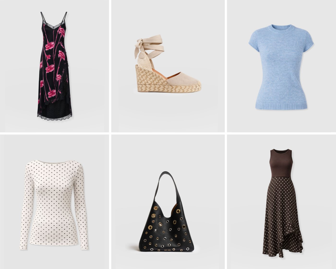A grid of six images or products from the Saint and Sofia April collection. The top left image shows the Harper Lace Cami Dress in Pink Stem Floral, a camisole dress with a black print and fuchsia pink flowers. The middle image shows a wedge espadrille heel with wrap around straps that tie at the back of the ankle. The top right image shows a baby blue baby tee with a crew neckline and short sleeves. The bottom left image shows a slim fit, long sleeve tee with a boat neckline, it's cream with black polka dots. In the bottom middle is a leather hobo bag with gold and silver metal eyelets. In the bottom right is a crew neck sleeveless dress with a co-ord effect, on the top is a ribbed brown bodice and on the bottom is a polka dot satin skirt with a ruffled hem.