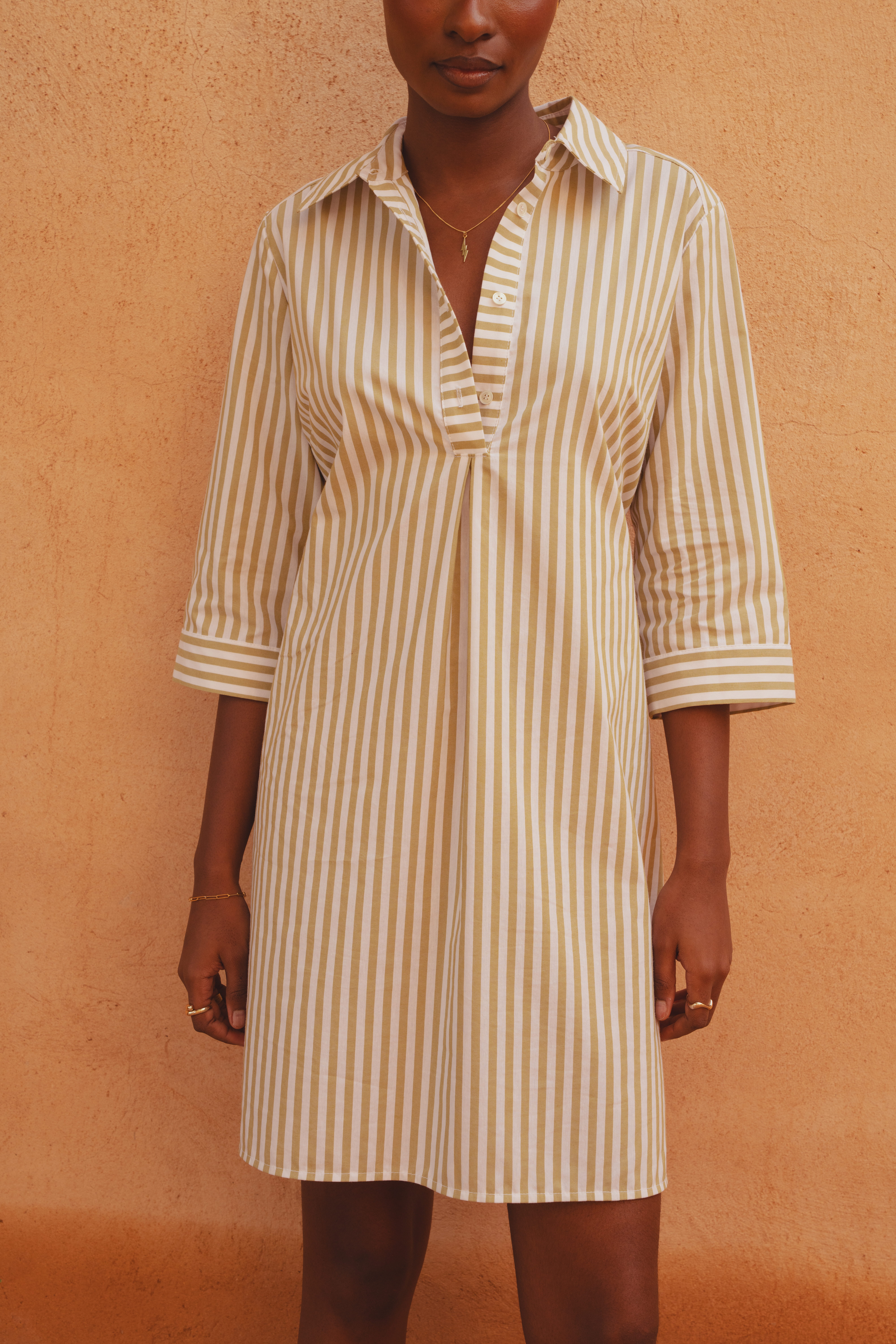 A close up shirt of a model wearing a green and white shirt dress. It features a buttoned neckline and three quarter sleeves with a relaxed silhouette.