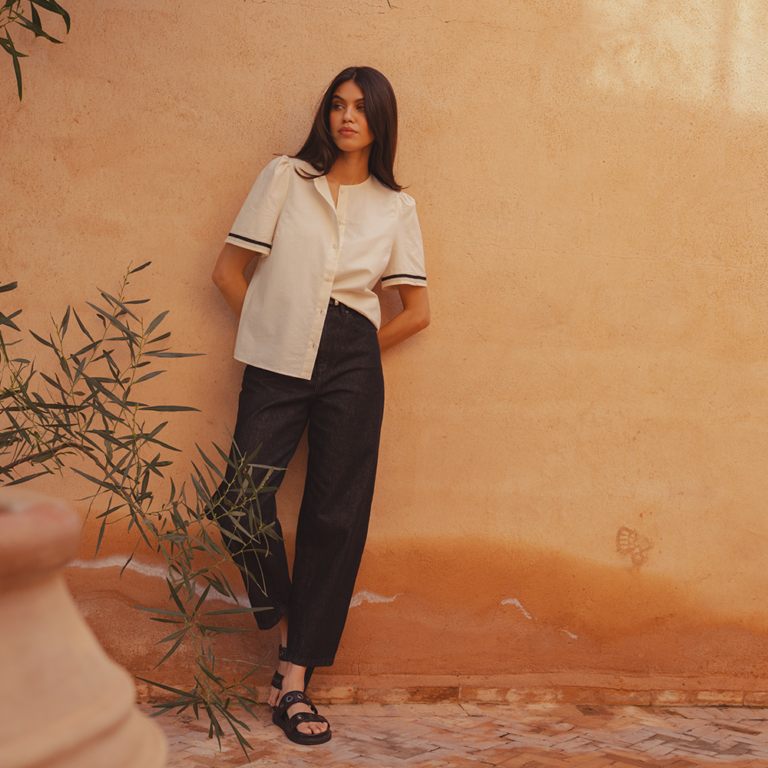 An image of a model leaning against a clay wall wearing the Saint and Sofia Tabitha Blouse in Cream and the Barrel Leg Jeans in Black with the leather Madison Eyelet slides. She looks out to the left as the photo is taken.