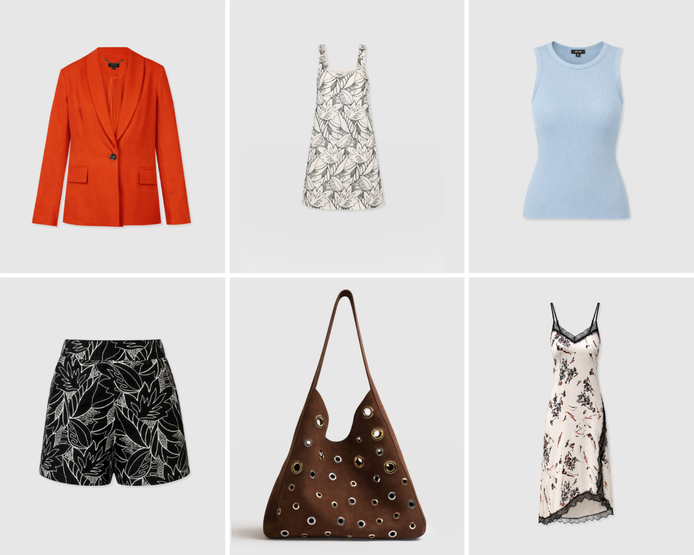 A grid of six Saint and Sofia products from their May collection. In the top left, a burnt orange single breasted blazer with a black horn button. In the top centre, a white sleeveless shift dress in white with black floral embroidery. In the top right, a baby blue racer vest. In the bottom left, a pair of black shorts with white floral embroidery. In the bottom centre, a brown suede tote bag with silver and gold metal eyelet detail across the front. In the bottom right, a white cami dress with floral lace detailing and black and orange flowers.