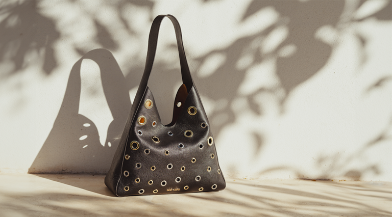 The Allana Eyelet Bag by saint and sofia. A leather hobo bag style with silver and gold metal eyelet details across the front. It's photographed here in front of a wall with the shadows of a tree scattered across the wall behind it.