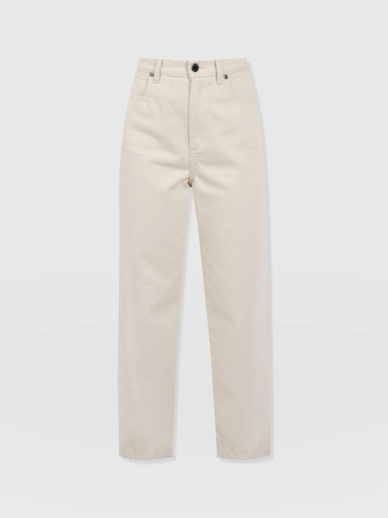A cut out shot of cream barrel leg jeans from Saint and Sofia. A rounded shape with a cropped leg.