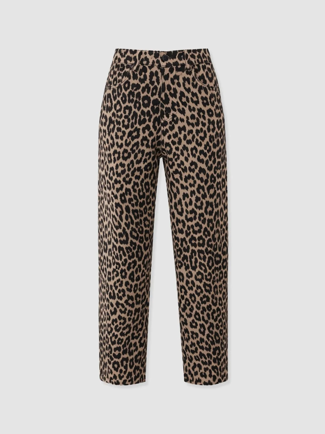 A cut out image of the leopard print barrel leg jeans by Saint and Sofia. A rounded leg style with a cropped hem that finishes mid calf.