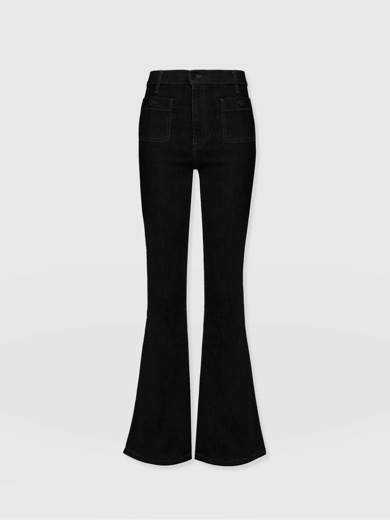 A cut out shot of the Bowie Flared Jeans from Saint and Sofia. A slim-fit style with a flared cuff for a retro aesthetic.