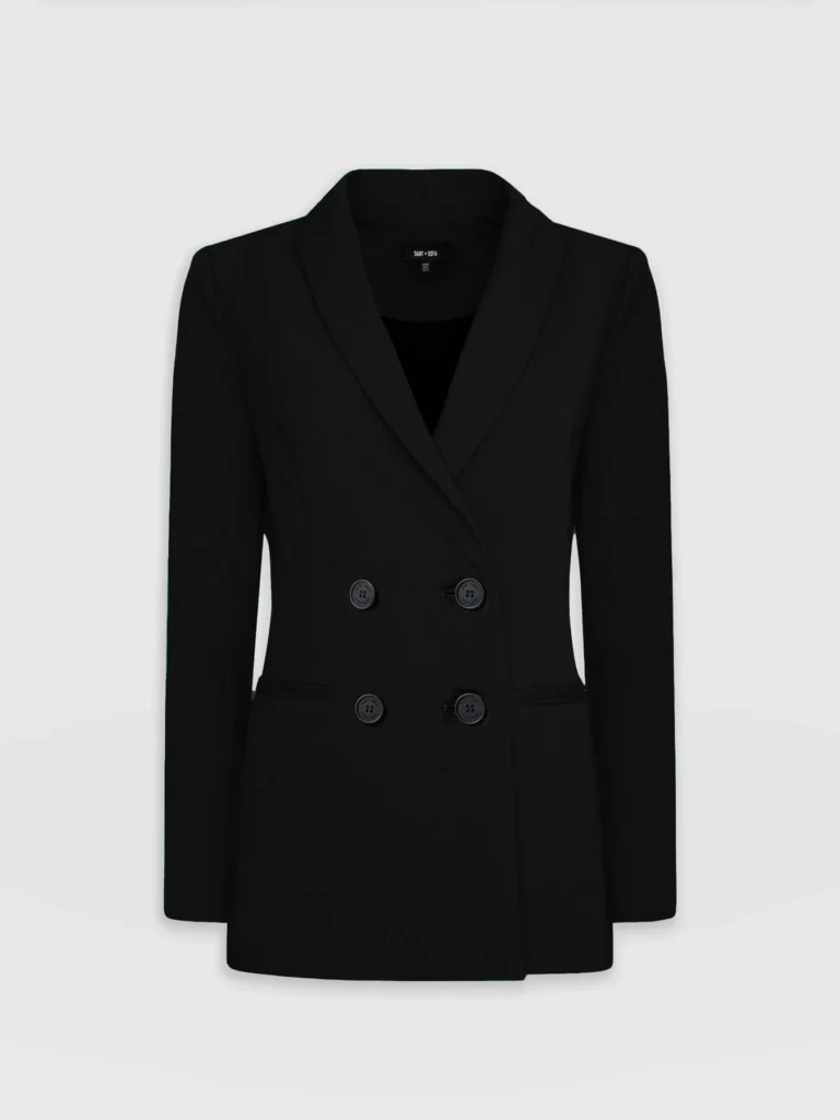 A cut out image of a black double-breasted blazer from Saint and Sofia.