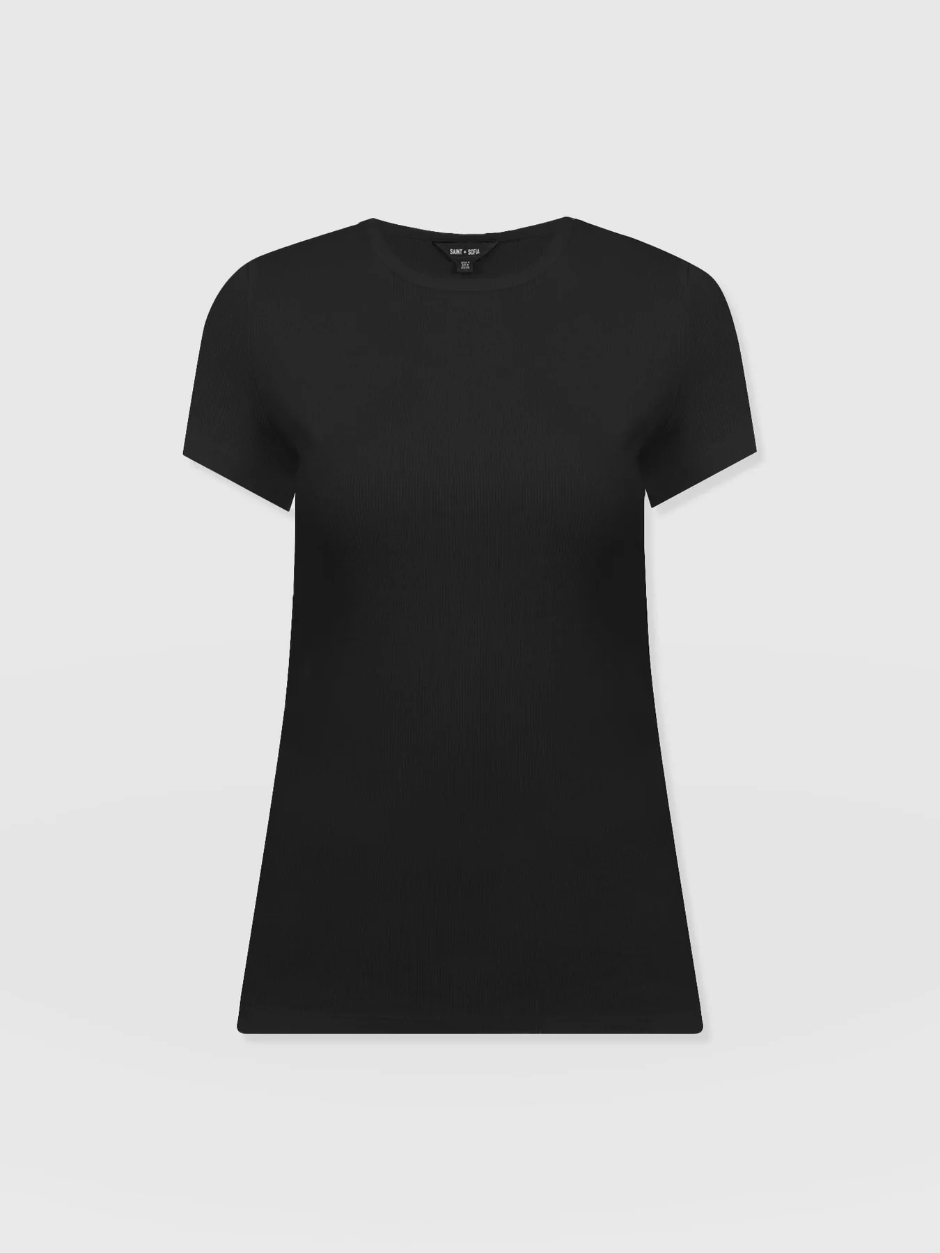 A cut out image of the Saint and Sofia Ribbed Short Sleeve T Shirt. A crew neck stye with a slim fit and short sleeves.