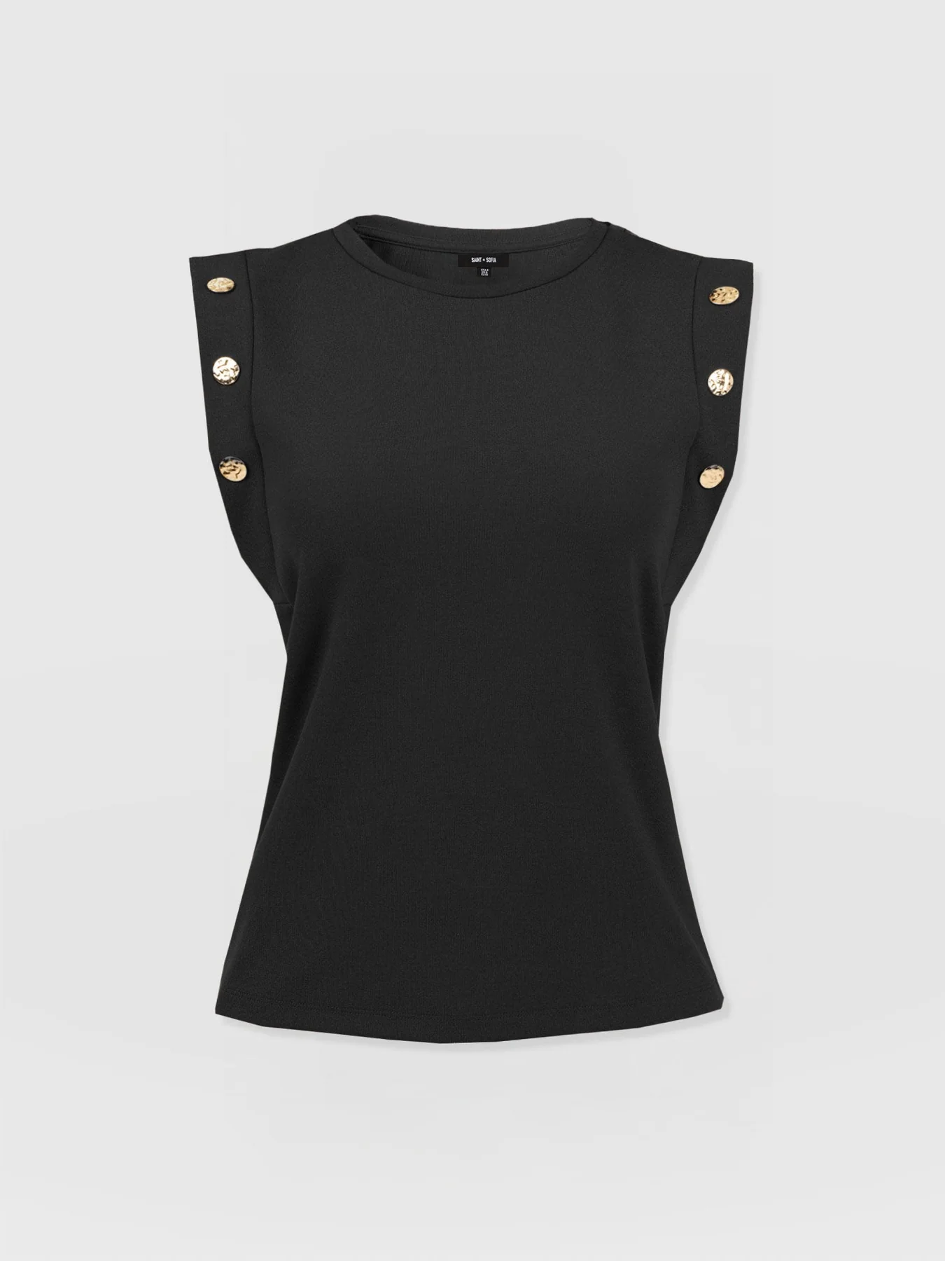 A cut out image of the Rowen Tee by Saint and Sofia in black. A crew neck, sleeveless style with gold molten button details at the arms.