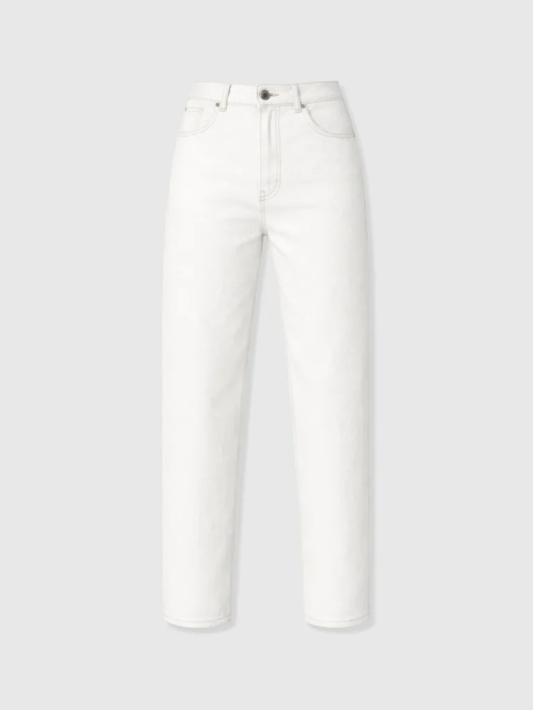 White barrel leg jeans by Saint and Sofia. Rounded legs with a cropped hem made from organic cotton.